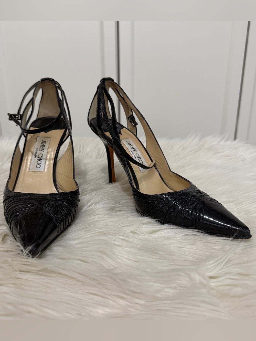 Jimmy Choo Black Patent Pointed Toe Strap Pumps